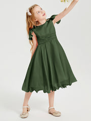 Robes de Demoiselle d'Honneur Junior en Mousseline à Longueur de Mollet Olive Verte