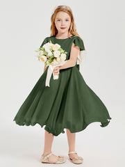 Robes de Demoiselle d'Honneur Junior en Mousseline à Longueur de Mollet Olive Verte