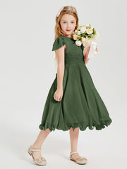 Robes de Demoiselle d'Honneur Junior en Mousseline à Longueur de Mollet Olive Verte