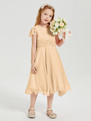 Robes de Demoiselle d'Honneur Junior en Mousseline à Longueur de Mollet Pêche