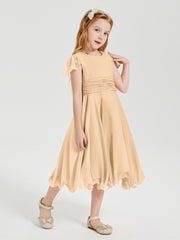 Robes de Demoiselle d'Honneur Junior en Mousseline à Longueur de Mollet Pêche