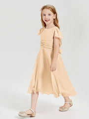 Robes de Demoiselle d'Honneur Junior en Mousseline à Longueur de Mollet Pêche