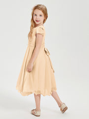 Robes de Demoiselle d'Honneur Junior en Mousseline à Longueur de Mollet Pêche