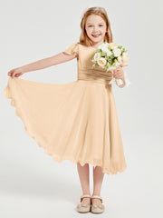 Robes de Demoiselle d'Honneur Junior en Mousseline à Longueur de Mollet Pêche
