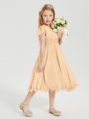 Robes de Demoiselle d'Honneur Junior en Mousseline à Longueur de Mollet Pêche