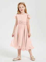 Robes de Demoiselle d'Honneur Junior en Mousseline à Longueur de Mollet Rose Perle