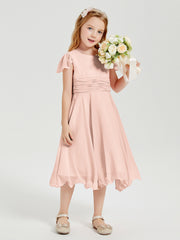 Robes de Demoiselle d'Honneur Junior en Mousseline à Longueur de Mollet Rose Perle