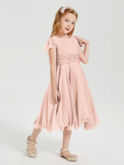 Robes de Demoiselle d'Honneur Junior en Mousseline à Longueur de Mollet Rose Perle