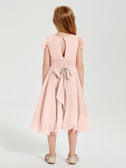 Robes de Demoiselle d'Honneur Junior en Mousseline à Longueur de Mollet Rose Perle