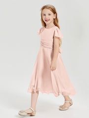 Robes de Demoiselle d'Honneur Junior en Mousseline à Longueur de Mollet Rose Perle