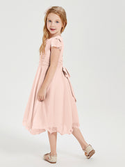 Robes de Demoiselle d'Honneur Junior en Mousseline à Longueur de Mollet Rose Perle