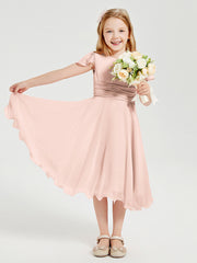 Robes de Demoiselle d'Honneur Junior en Mousseline à Longueur de Mollet Rose Perle