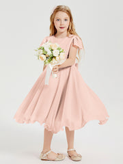 Robes de Demoiselle d'Honneur Junior en Mousseline à Longueur de Mollet Rose Perle