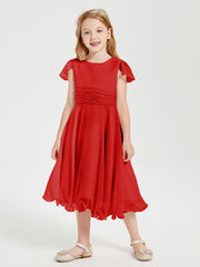 Robes de Demoiselle d'Honneur Junior en Mousseline à Longueur de Mollet Rouge