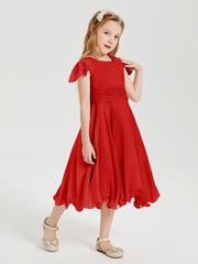Robes de Demoiselle d'Honneur Junior en Mousseline à Longueur de Mollet Rouge