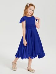 Robes de Demoiselle d'Honneur Junior en Mousseline à Longueur de Mollet Bleu Royale