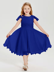 Robes de Demoiselle d'Honneur Junior en Mousseline à Longueur de Mollet Bleu Royale