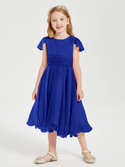 Robes de Demoiselle d'Honneur Junior en Mousseline à Longueur de Mollet Bleu Royale