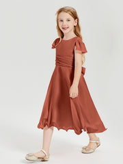 Robes de Demoiselle d'Honneur Junior en Mousseline à Longueur de Mollet Rouille