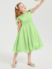 Robes de Demoiselle d'Honneur Junior en Mousseline à Longueur de Mollet Sauge
