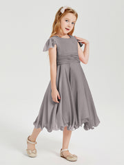 Robes de Demoiselle d'Honneur Junior en Mousseline à Longueur de Mollet Argent