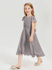 Robes de Demoiselle d'Honneur Junior en Mousseline à Longueur de Mollet Argent