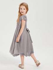 Robes de Demoiselle d'Honneur Junior en Mousseline à Longueur de Mollet Argent