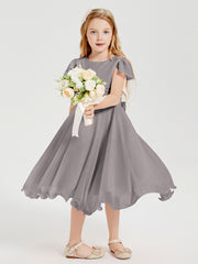 Robes de Demoiselle d'Honneur Junior en Mousseline à Longueur de Mollet Argent