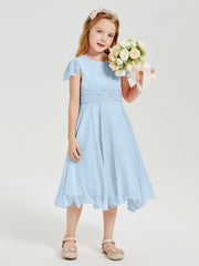 Robes de Demoiselle d'Honneur Junior en Mousseline à Longueur de Mollet Bleu Ciel