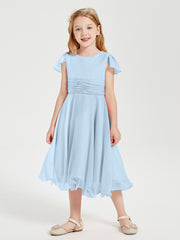 Robes de Demoiselle d'Honneur Junior en Mousseline à Longueur de Mollet Bleu Ciel