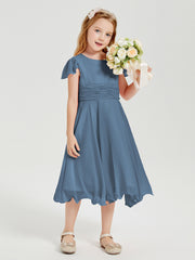 Robes de Demoiselle d'Honneur Junior en Mousseline à Longueur de Mollet Bleu de Schiste