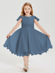 Robes de Demoiselle d'Honneur Junior en Mousseline à Longueur de Mollet Bleu de Schiste
