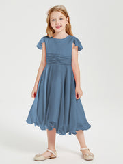 Robes de Demoiselle d'Honneur Junior en Mousseline à Longueur de Mollet Bleu de Schiste
