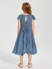 Robes de Demoiselle d'Honneur Junior en Mousseline à Longueur de Mollet Bleu de Schiste