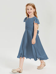 Robes de Demoiselle d'Honneur Junior en Mousseline à Longueur de Mollet Bleu de Schiste