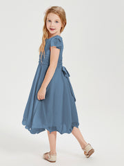 Robes de Demoiselle d'Honneur Junior en Mousseline à Longueur de Mollet Bleu de Schiste