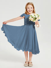 Robes de Demoiselle d'Honneur Junior en Mousseline à Longueur de Mollet Bleu de Schiste