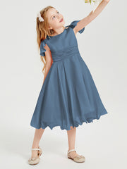 Robes de Demoiselle d'Honneur Junior en Mousseline à Longueur de Mollet Bleu de Schiste