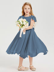 Robes de Demoiselle d'Honneur Junior en Mousseline à Longueur de Mollet Bleu de Schiste