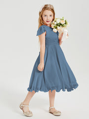 Robes de Demoiselle d'Honneur Junior en Mousseline à Longueur de Mollet Bleu de Schiste