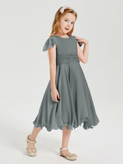 Robes de Demoiselle d'Honneur Junior en Mousseline à Longueur de Mollet Gris Acier