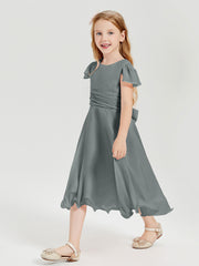 Robes de Demoiselle d'Honneur Junior en Mousseline à Longueur de Mollet Gris Acier