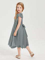 Robes de Demoiselle d'Honneur Junior en Mousseline à Longueur de Mollet Gris Acier