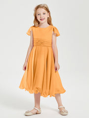 Robes de Demoiselle d'Honneur Junior en Mousseline à Longueur de Mollet Mandarine