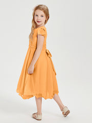 Robes de Demoiselle d'Honneur Junior en Mousseline à Longueur de Mollet Mandarine
