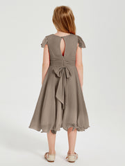 Robes de Demoiselle d'Honneur Junior en Mousseline à Longueur de Mollet Taupe