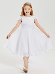 Robes de Demoiselle d'Honneur Junior en Mousseline à Longueur de Mollet Blanc