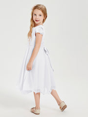 Robes de Demoiselle d'Honneur Junior en Mousseline à Longueur de Mollet Blanc