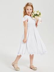 Robes de Demoiselle d'Honneur Junior en Mousseline à Longueur de Mollet Blanc
