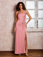 Robe Fourreau/Colonne à Col Bénitier en Satin Longueur au Sol avec Fente Flamant